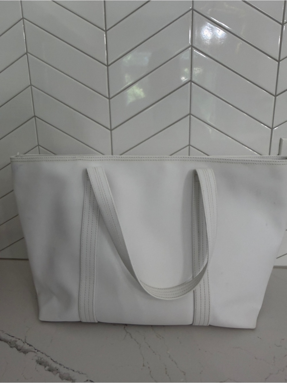 Lacoste White PVC Textured Tote Bag - Picture 2 of 12